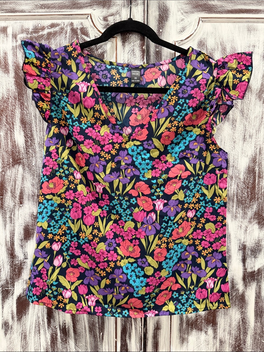 Floral V-Neck Ruffle-Sleeve Blouse — Black Multicolor